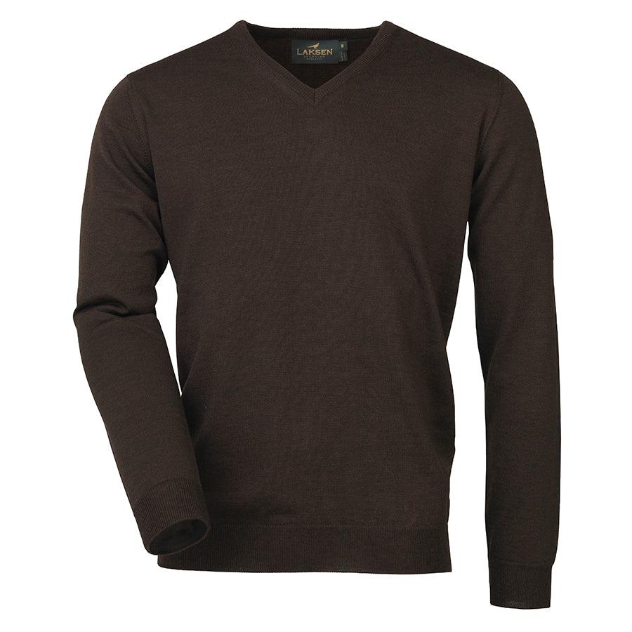 Laksen Sussex V-Neck Mens Merino Jumper - Chocolate - William Powell