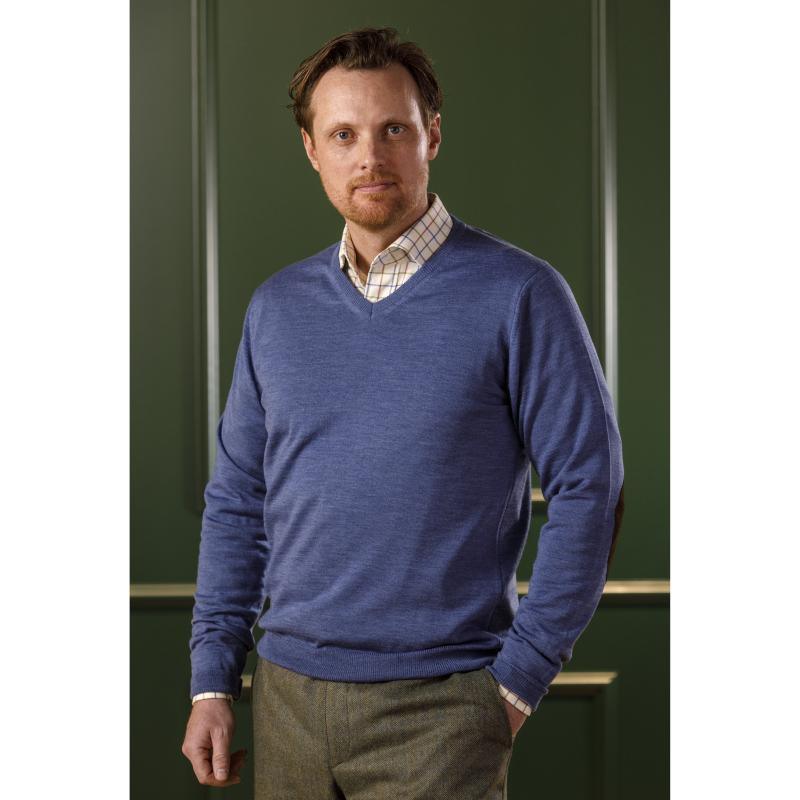 Laksen Sussex V-Neck Merino Mens Jumper - Denim - William Powell