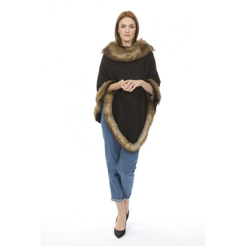 Luxury Poncho with Faux Fur Trim (One Size) - Black - William Powell