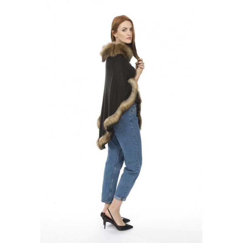 Luxury Poncho with Faux Fur Trim (One Size) - Black - William Powell