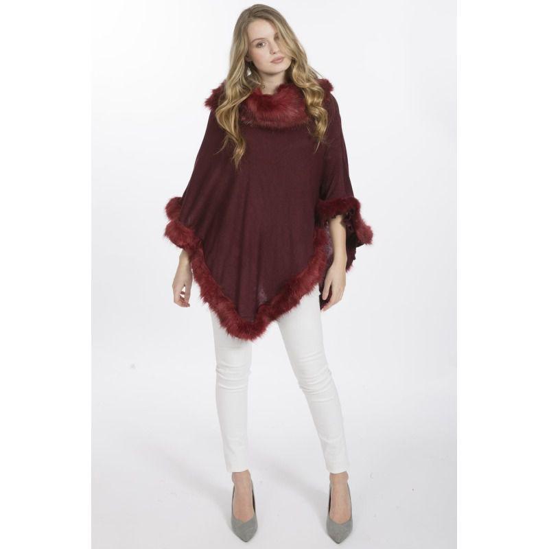 Luxury Poncho with Faux Fur Trim (One Size) - Red - William Powell