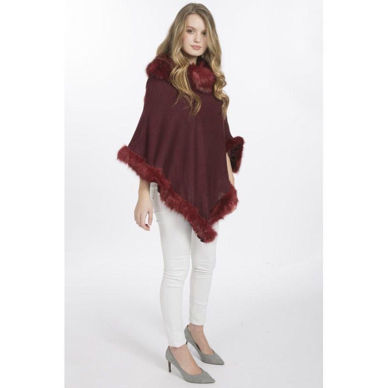 Luxury Poncho with Faux Fur Trim (One Size) - Red - William Powell