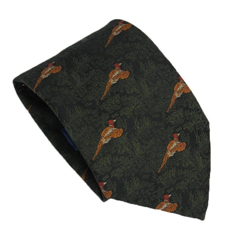 Polyester Tie Flying Pheasants Woodland Scene. Green - William Powell