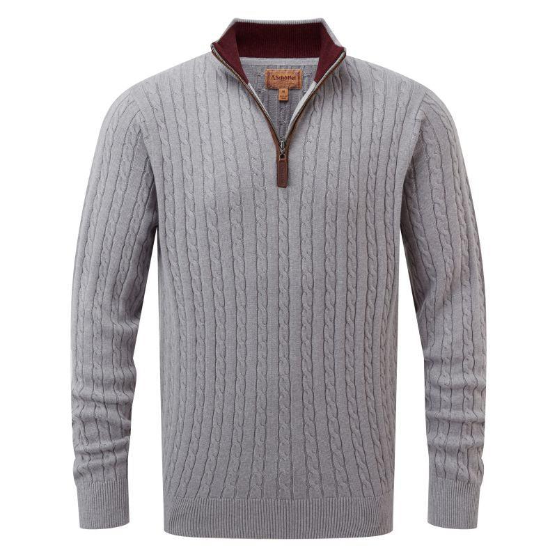 Schoffel Cotton Cashmere Cable 1/4 Zip Mens Jumper - Grey - William Powell