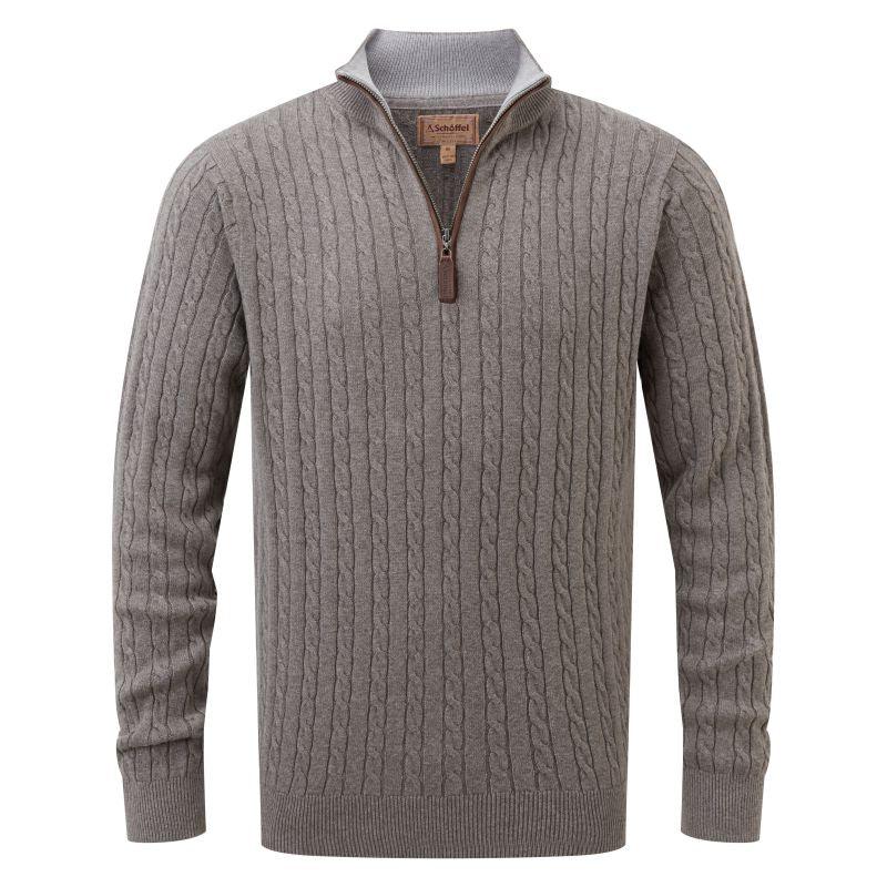 Schoffel Cotton Cashmere Cable 1/4 Zip Mens Jumper - Mole - William Powell