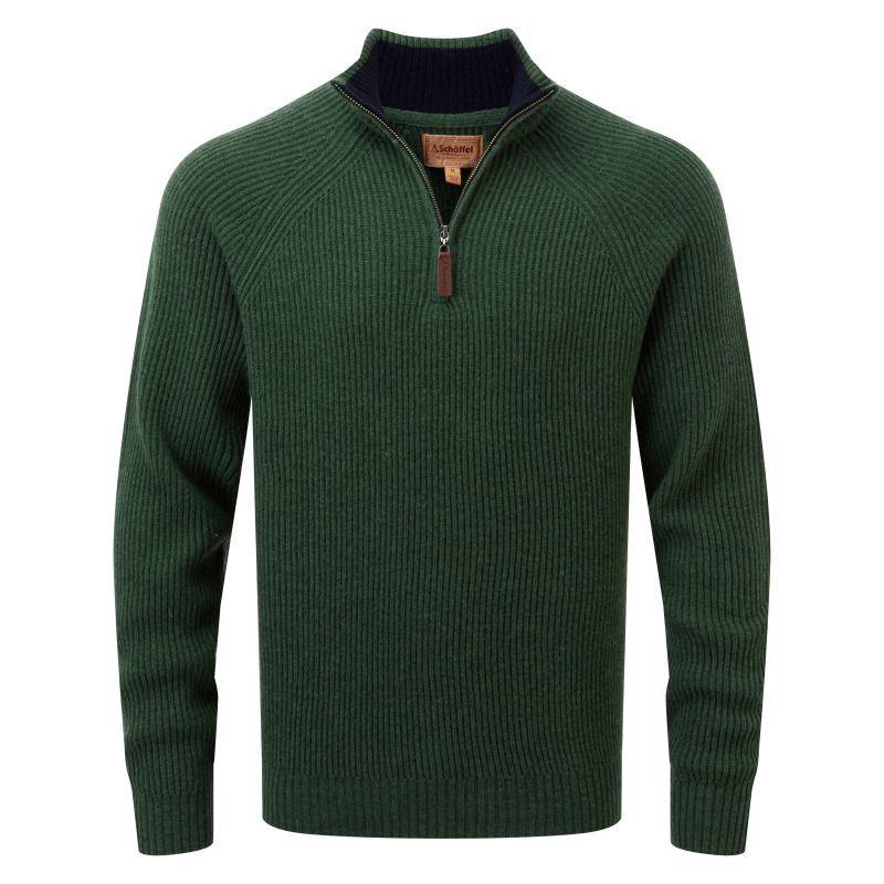 Schoffel Forres Ribbed Lambswool 1/4 Zip Neck Mens Jumper - Evergreen - William Powell