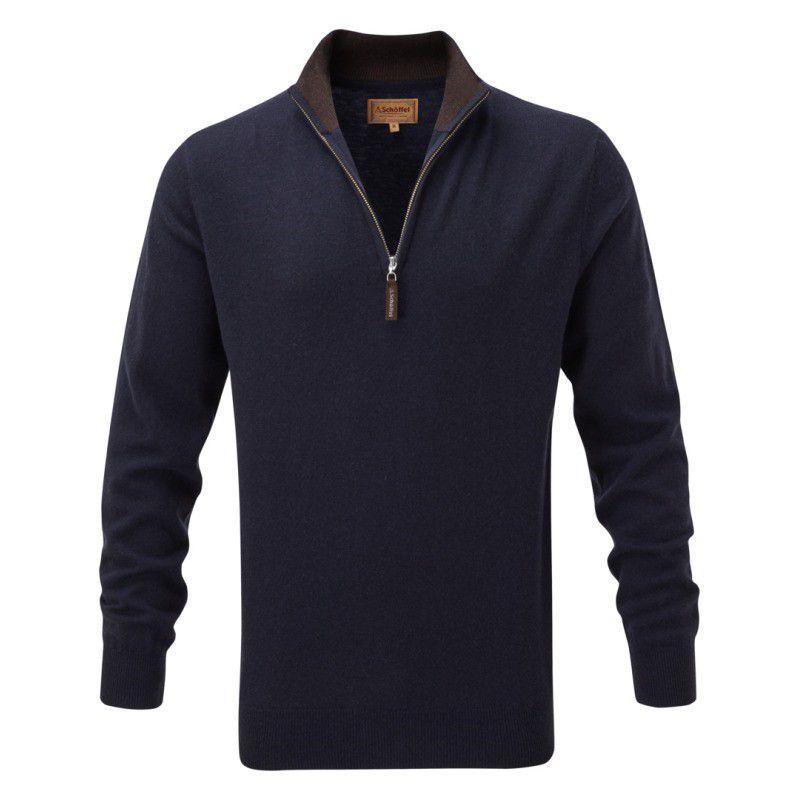 Schoffel Merino 1/4 Zip with Contrast Trims - Navy / Mocha - William Powell