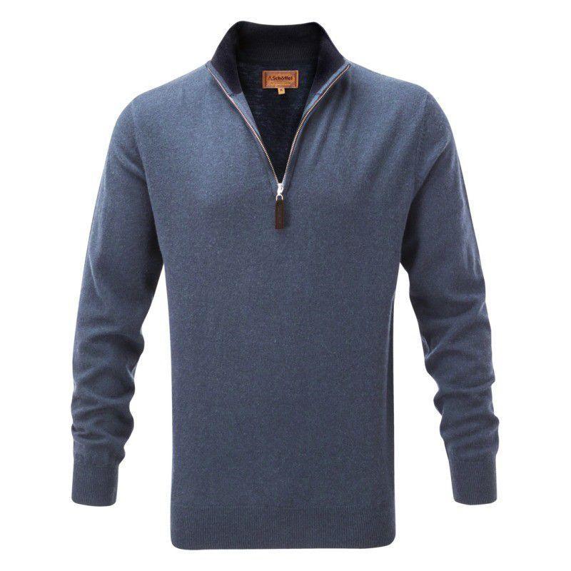 Schoffel Merino 1/4 Zip with Contrast Trims - Stone Blue / Navy - William Powell