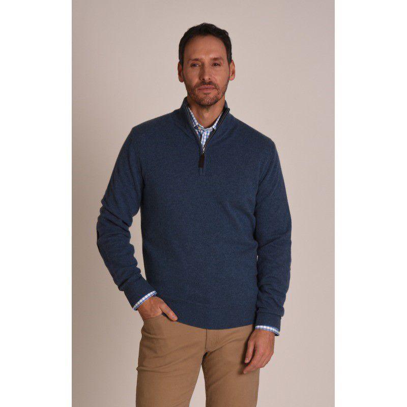 Schoffel Merino 1/4 Zip with Contrast Trims - Stone Blue / Navy - William Powell