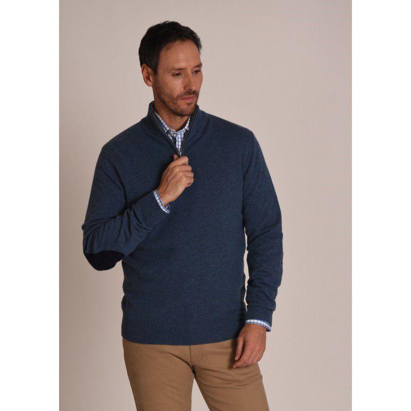 Schoffel Merino 1/4 Zip with Contrast Trims - Stone Blue / Navy - William Powell