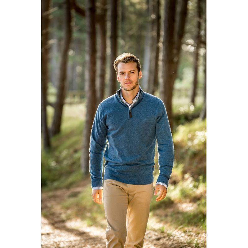 Schoffel Merino 1/4 Zip with Contrast Trims - Stone Blue / Navy - William Powell