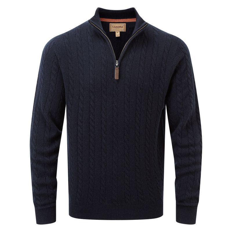 Schoffel Tain Cable Lambswool 1/4 Zip Neck Mens Jumper - Navy - William Powell