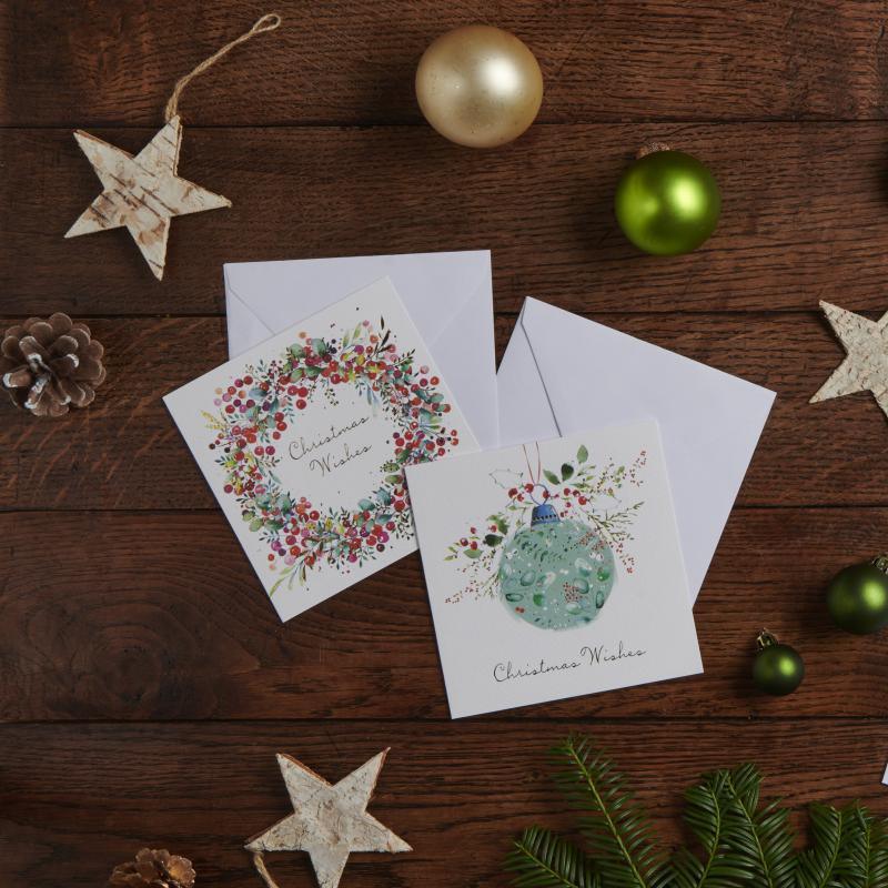 Watercolour Floral Bauble & Wreath Charity Christmas Card - 10 Pack - William Powell