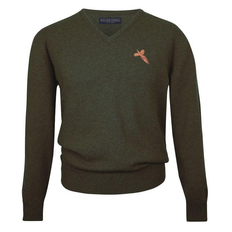 William Powell Lambswool Easy Care V-Neck Pheasant Jumper - Seaweed - William Powell